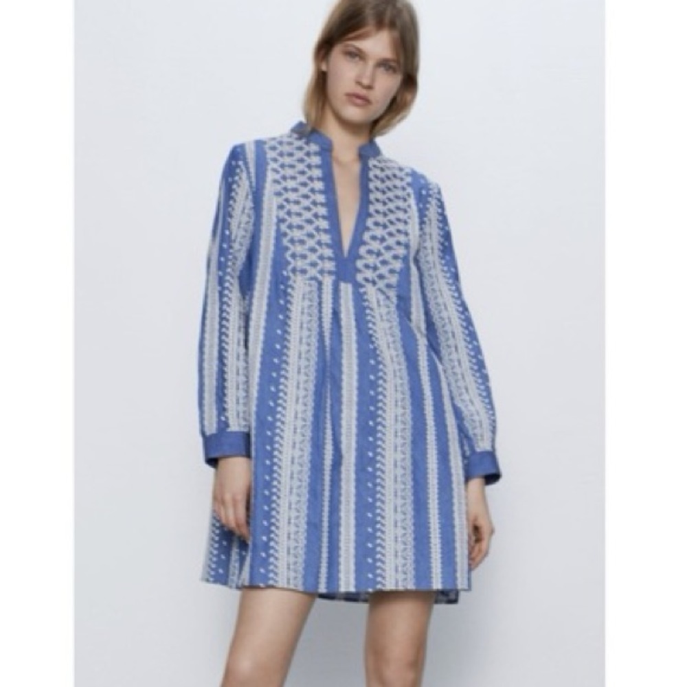 Zara Embroidered Eyelet Chambray Tunic Mini Dress Sz M